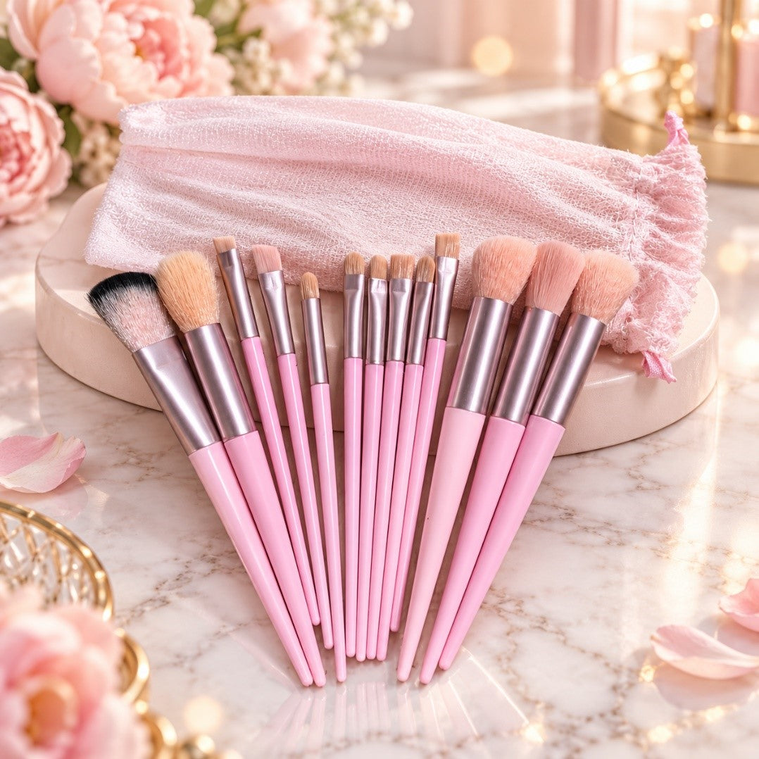 13-piece pink makeup brush set with storage pouch