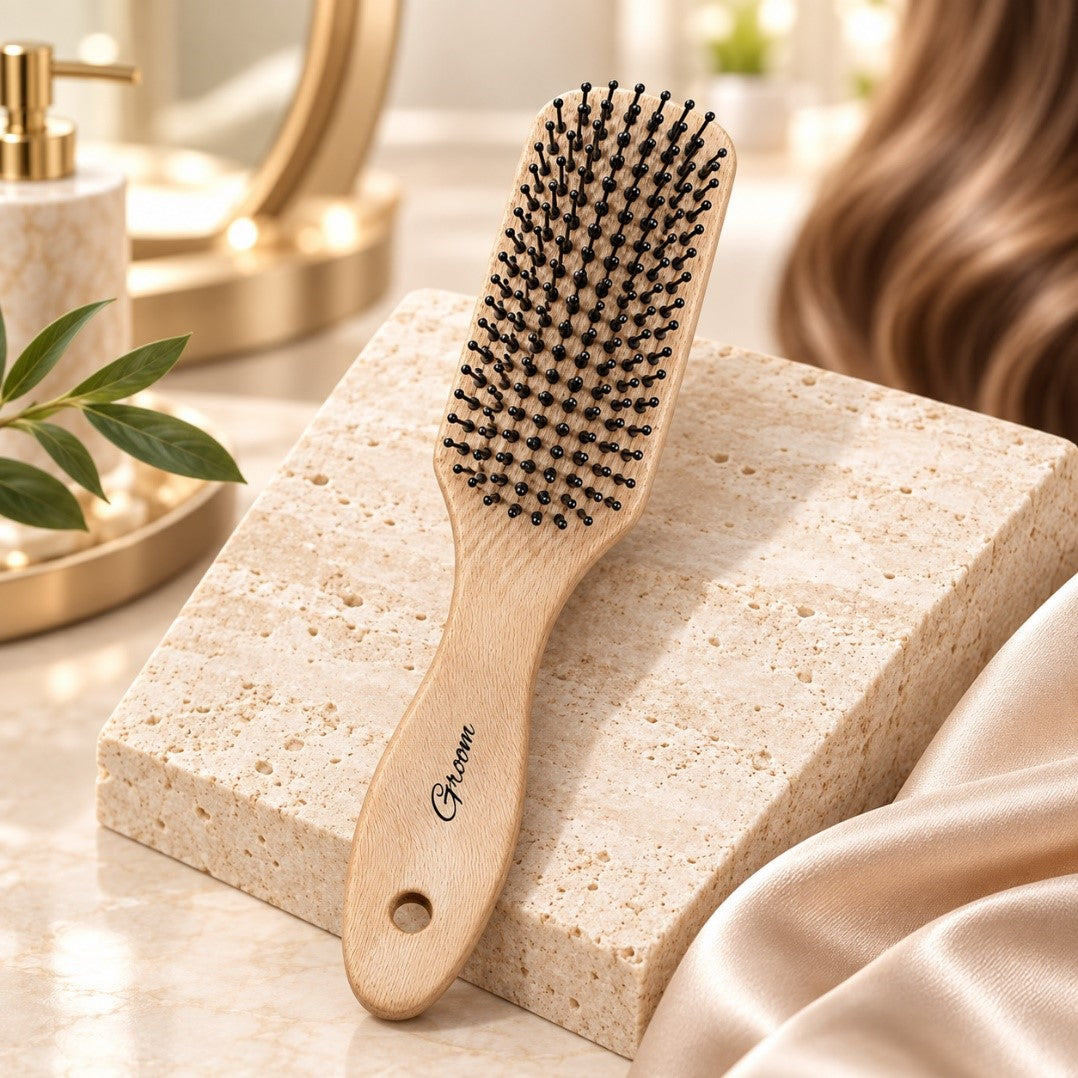 Boar Bristle Hair Brush Beechwood Handle for Smoothing and Shine