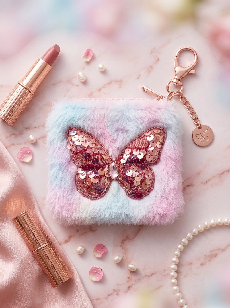 Butterfly Fur Textured Pouch Purse with Keychain