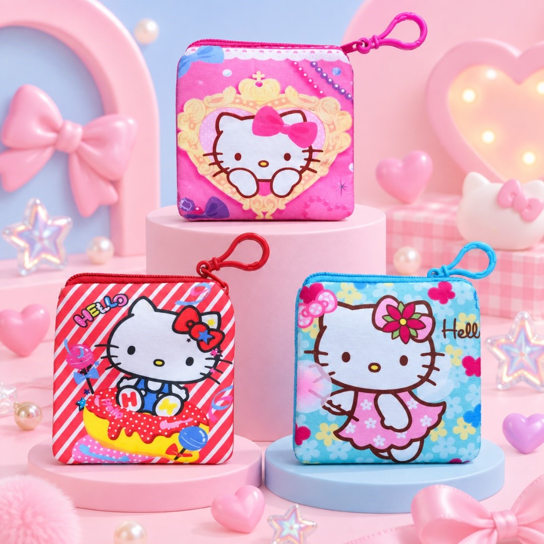 Zipper pouch square printed cute kitty design in assorted colours with clip hook keychain