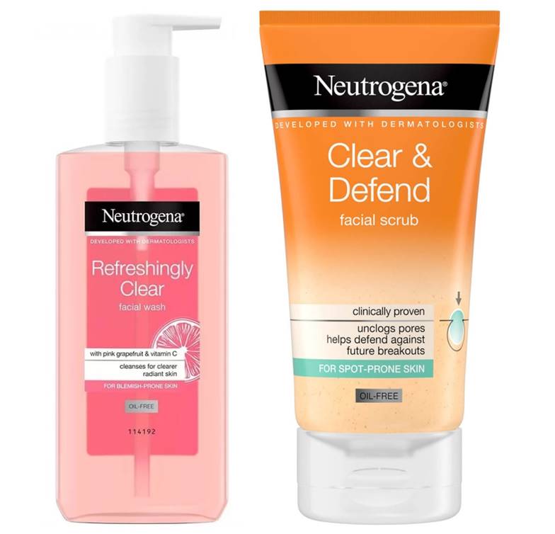 Neutrogena Refreshingly Clear Pink Grapefruit Facial Wash & Clear & Defend Facial Scrub Bundle