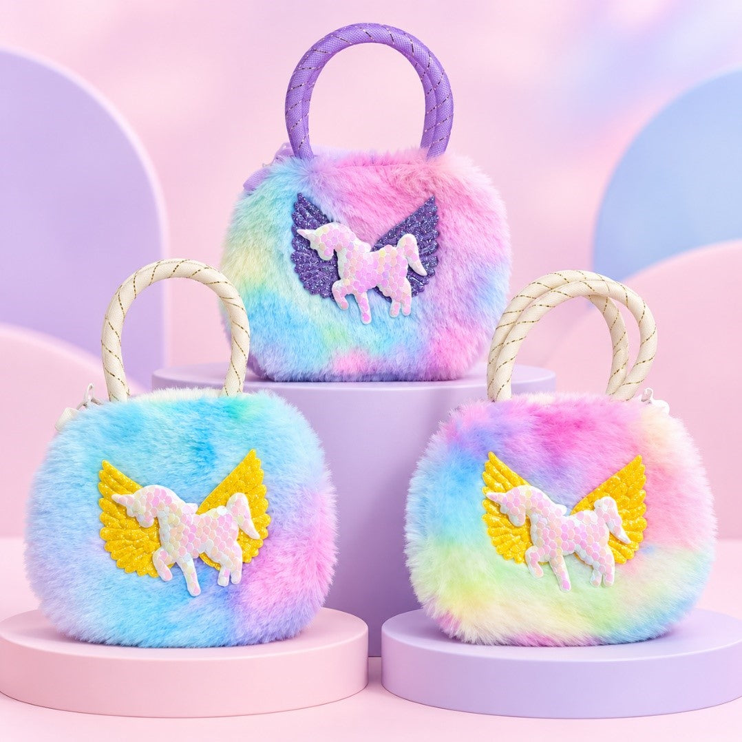 Mini bag for girls in rainbow tie-dye fur with sequin pegasus and top handle