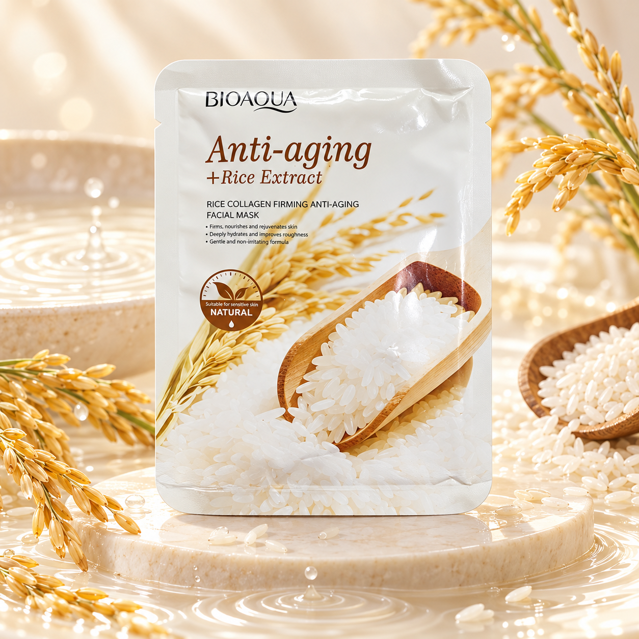 BIOAQUA rice sheet mask collagen firming facial mask sachet with rice grains