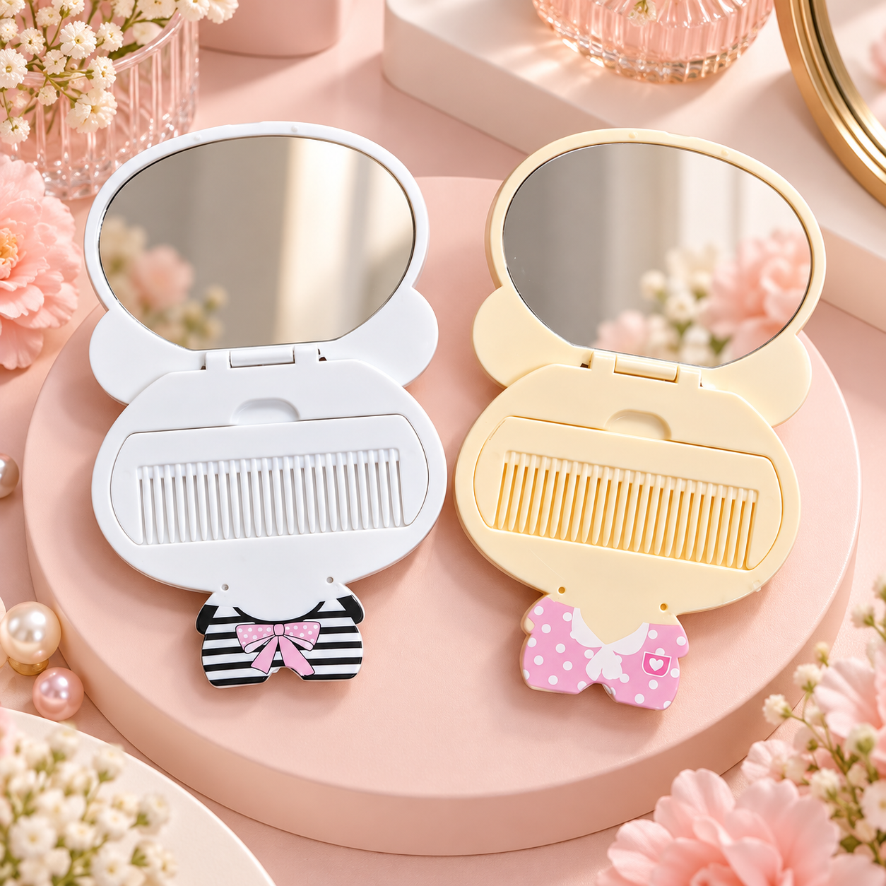 Cartoon compact mirror with built-in comb in Panda and Bear designs