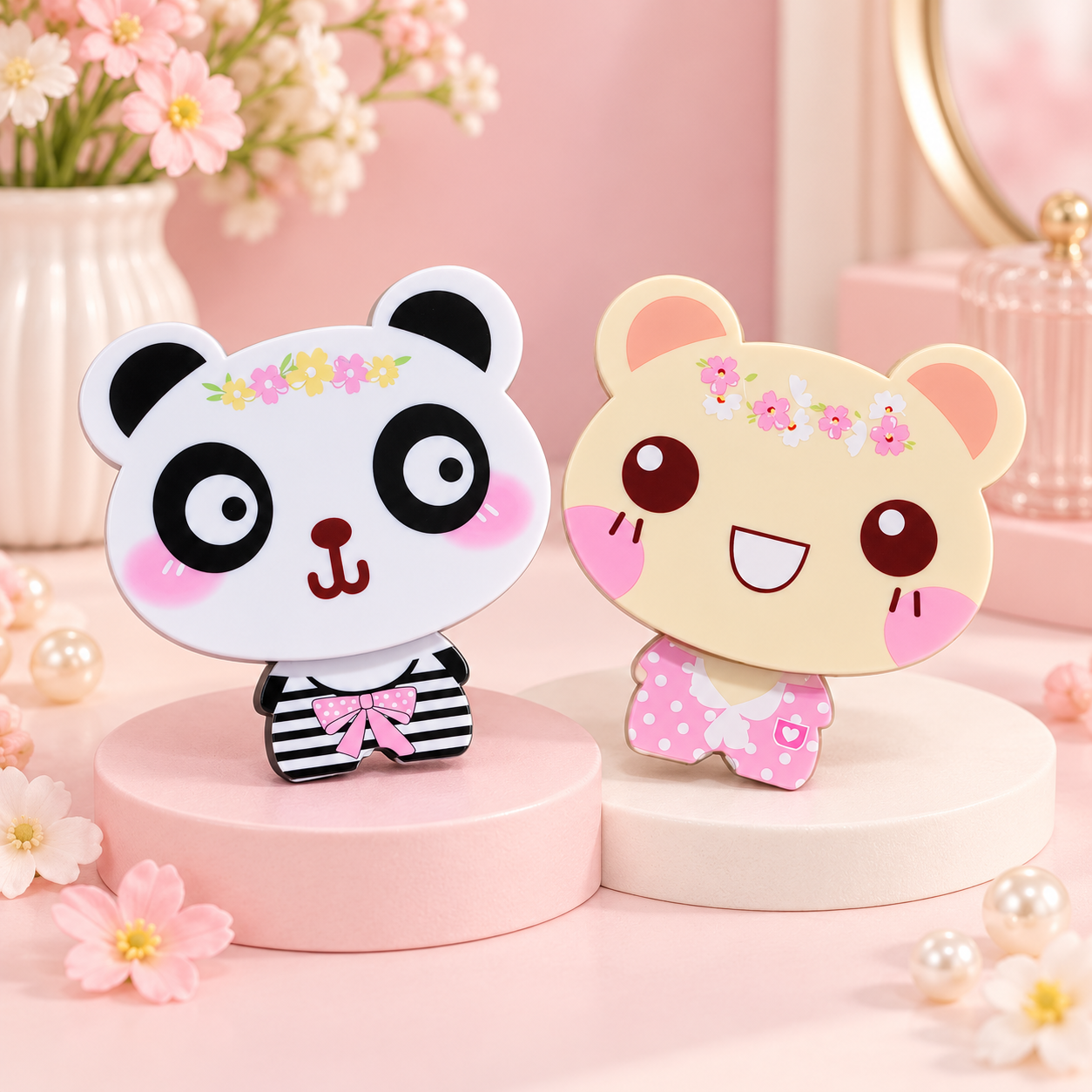 Cartoon compact mirror with built-in comb in Panda and Bear designs
