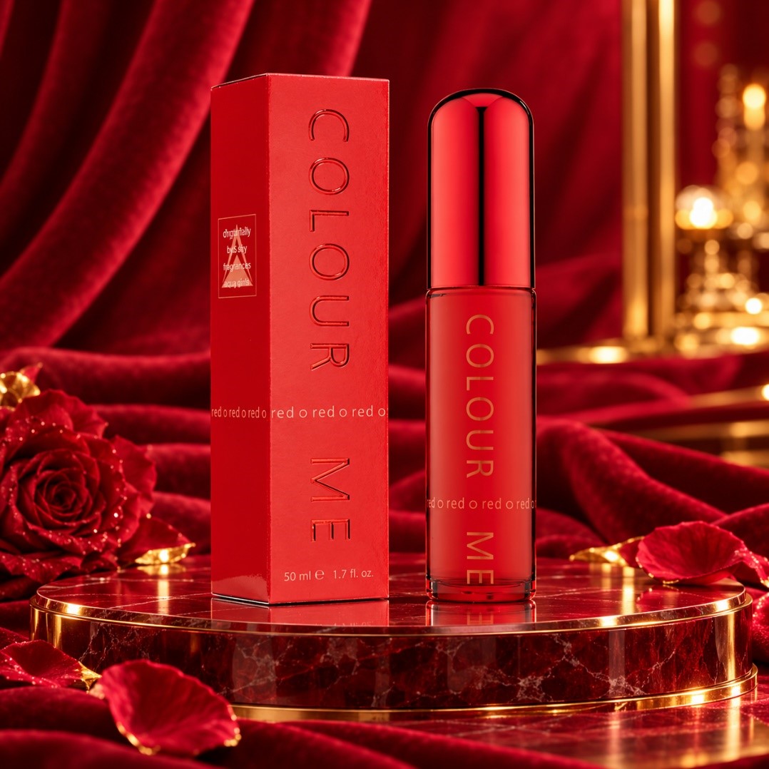 Colour Me Red Eau de Parfum for Women 50ml bottle and box with red roses