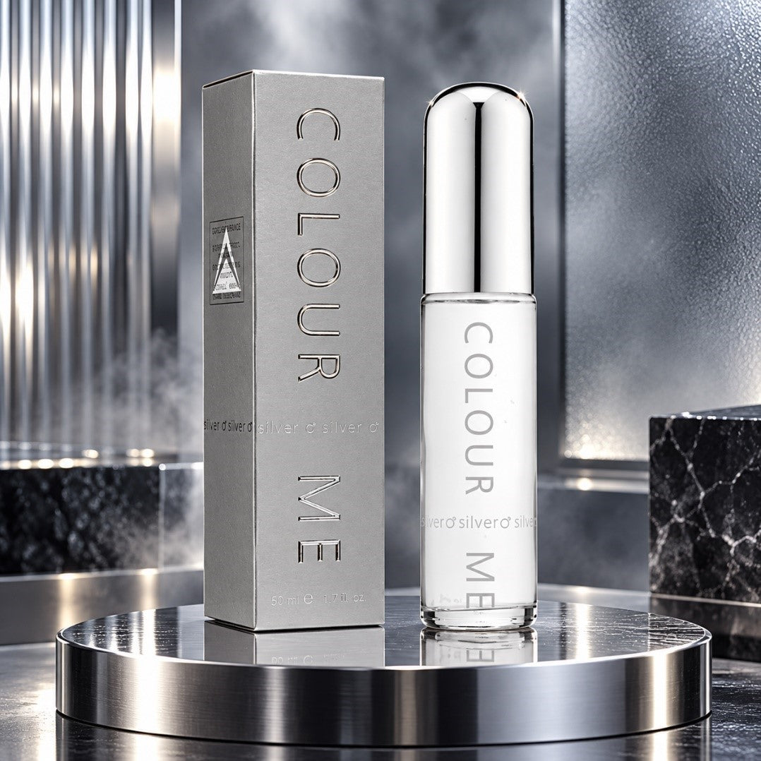 Colour Me Silver Eau de Parfum for Men 50ml bottle and box on a silver stand