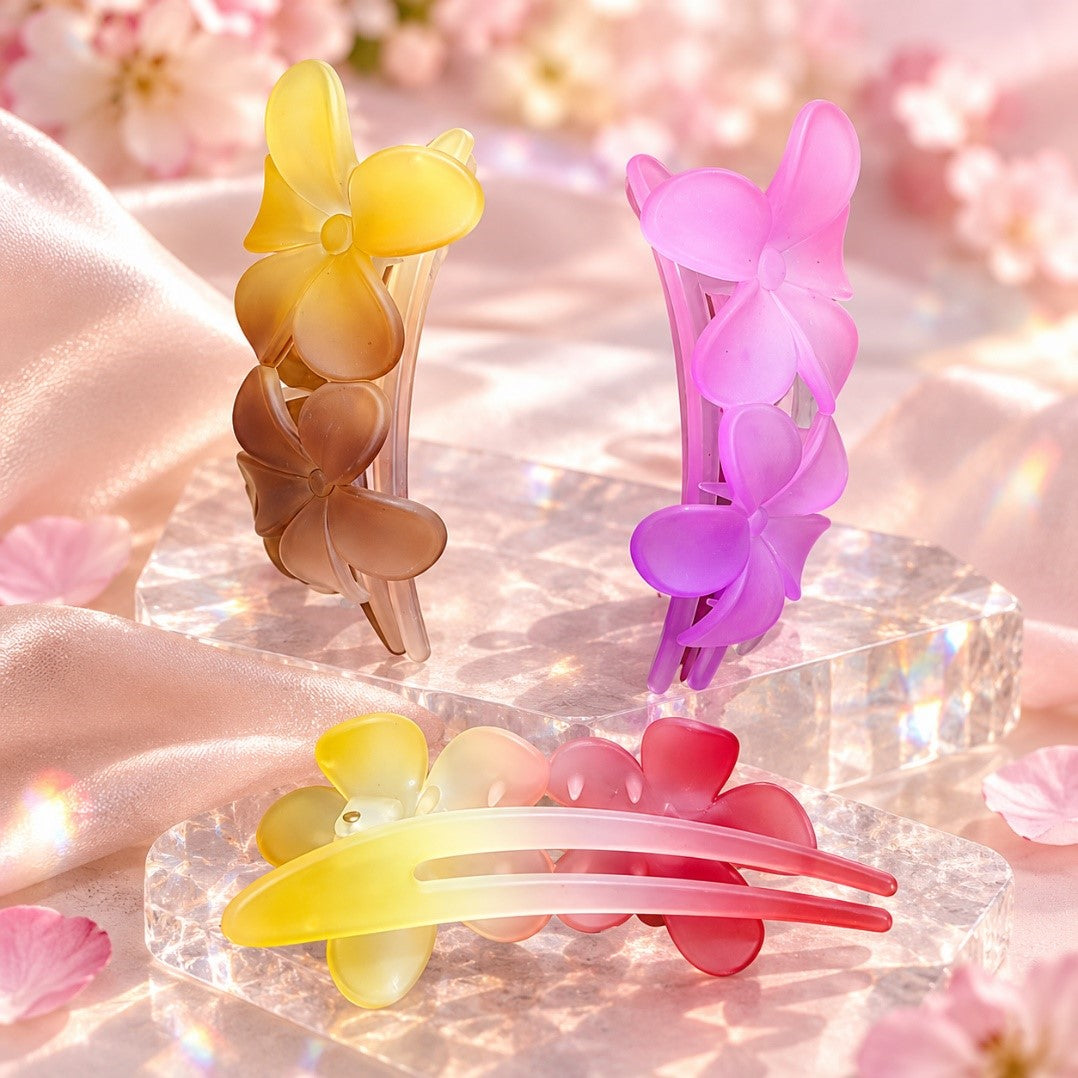 Flower hair clip frosted ombre duckbill clips in yellow brown, pink purple and yellow red