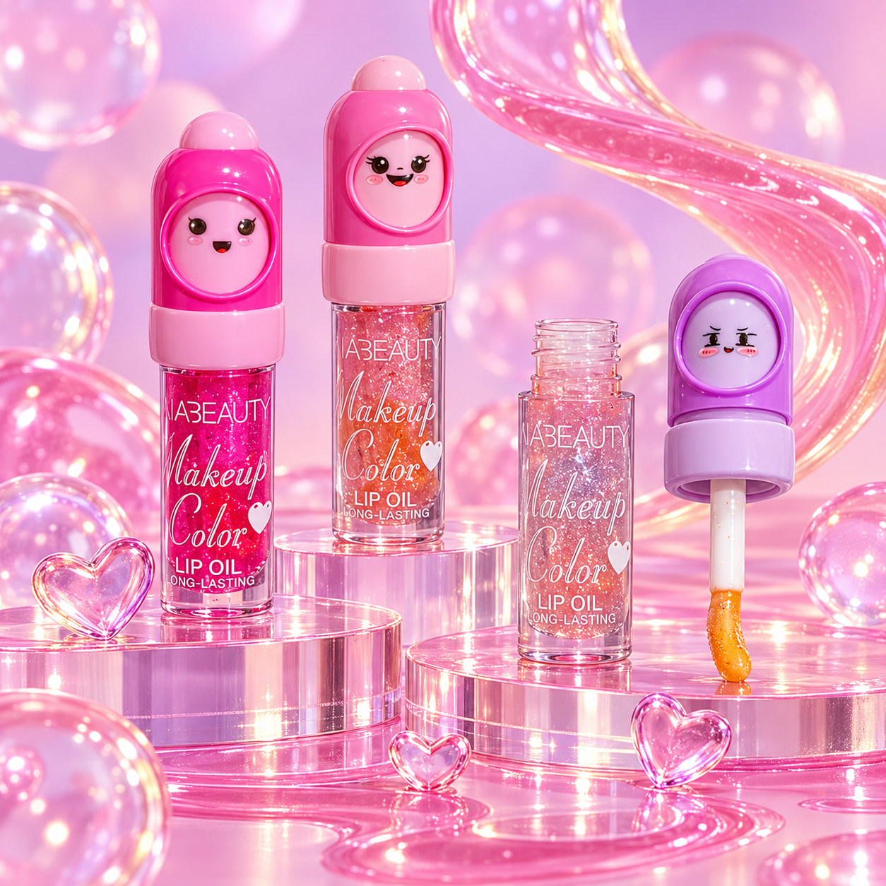 Glitter lip oil in cute cartoon character tubes in pink, peach and clear shimmer shades