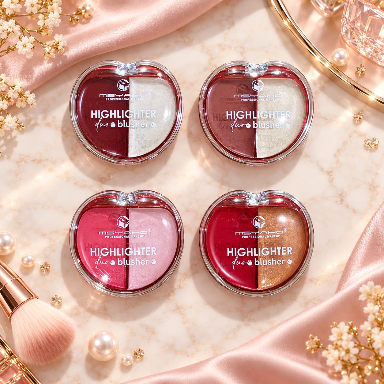 MSYAHO highlighter blusher duo apple-shaped compacts in four shades