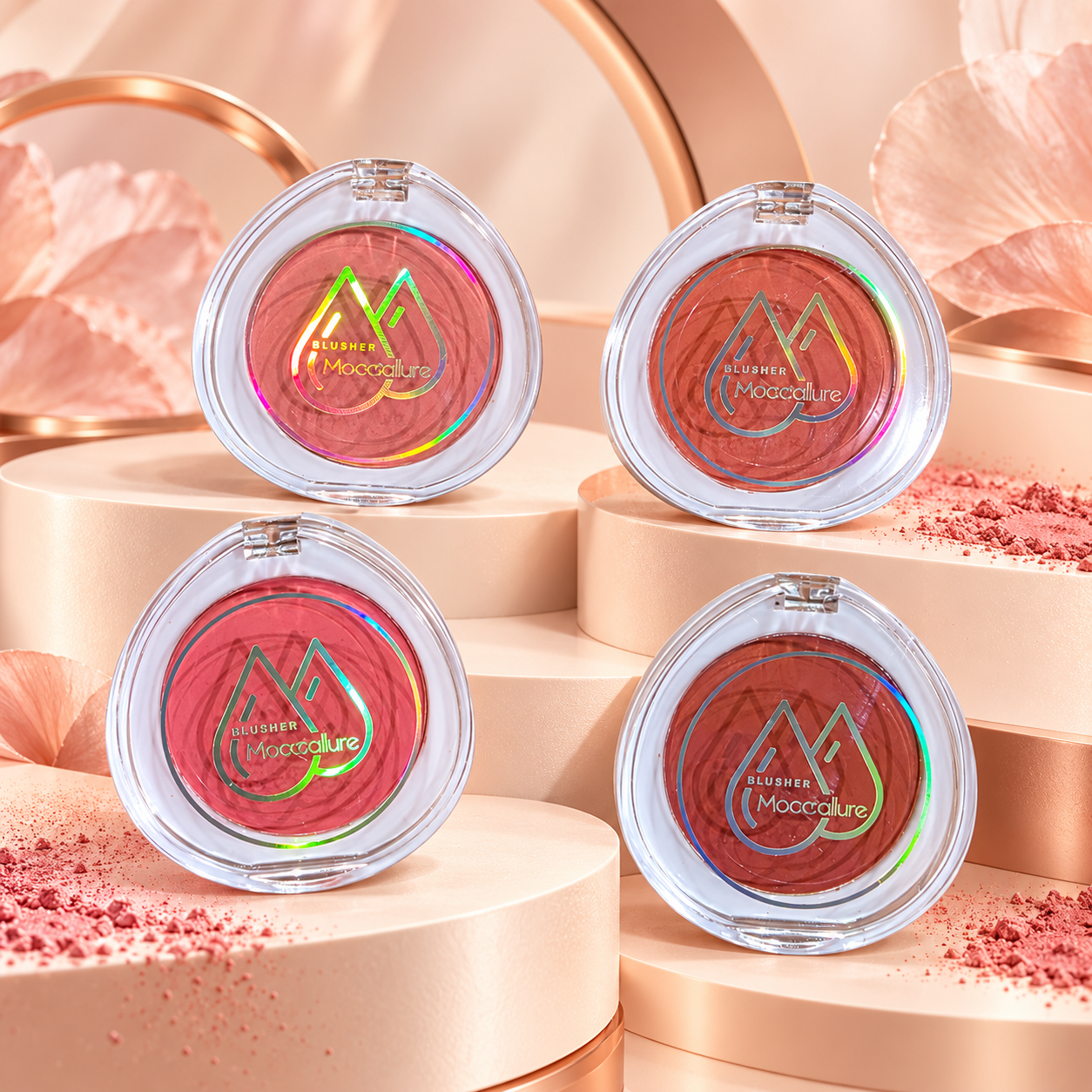 Powder blush matte compact in four shades with clear lid