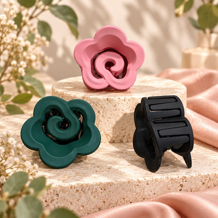 Rose flower hair claw clips in pink green and black