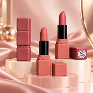 Square Case Velvet Matte Lipstick close-up in pink and coral tones