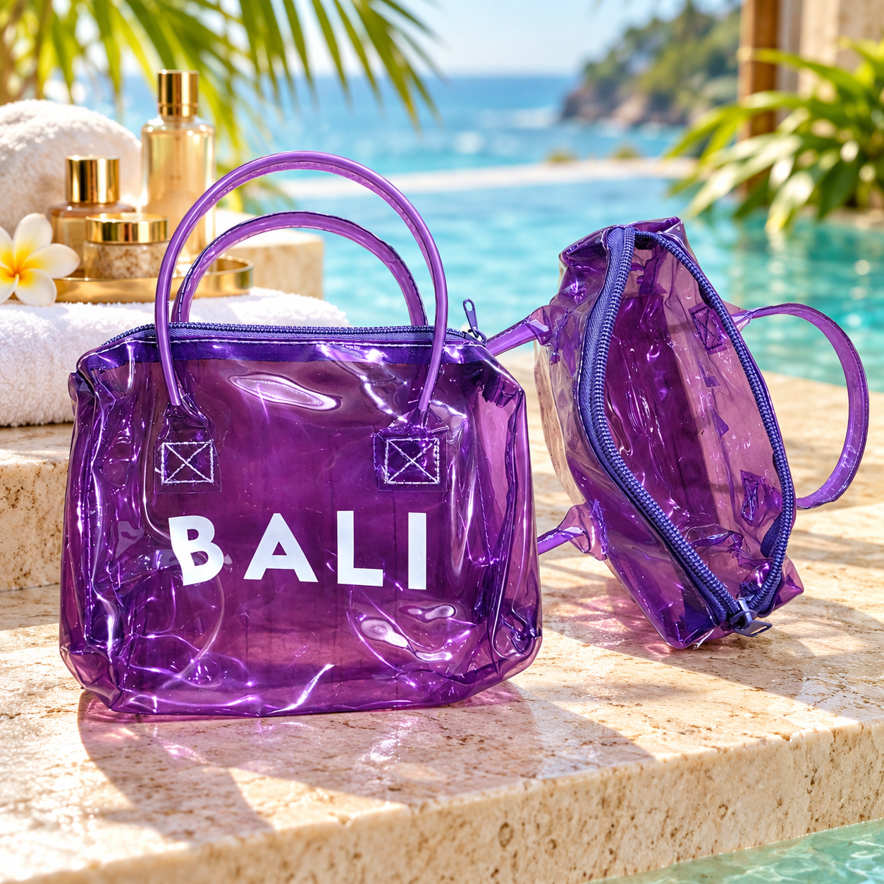 Transparent makeup bag purple PVC tote with zip and handles and BALI print