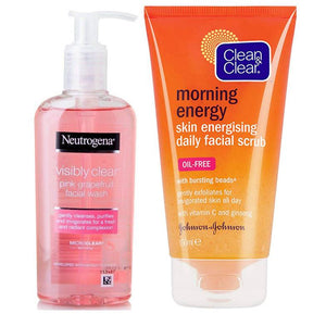 Neutrogena Visibly Clear Pink Grapefruit Facial Wash & Clean & Clear Morning Energy Skin Energizing Daily Facial Scrub Bundle