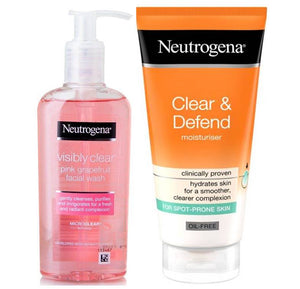 Neutrogena Visibly Clear Pink Grapefruit Facial Wash & Clear and Defend Moisturizer Bundle