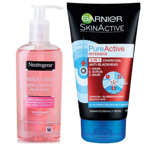 Neutrogena Visibly Clear Pink Grapefruit Facial Wash & Garnier 3in1 Charcoal Blackhead Wash Scrub Mask Bundle