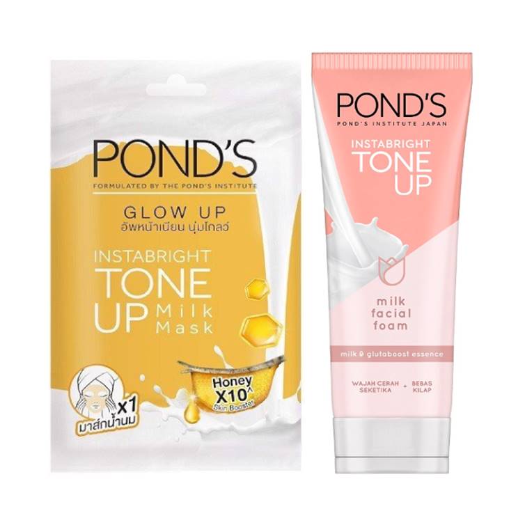 Pond's INSTABRIGHT TONE UP Milk Facial Foam & Glow Up Sheet Mask Bundle