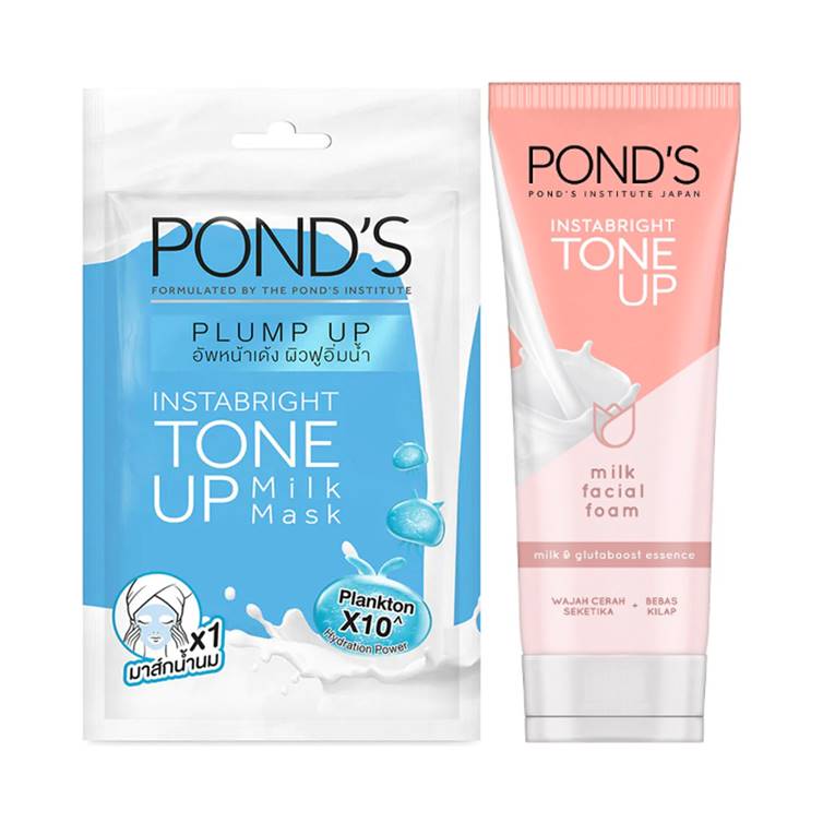 Pond's INSTABRIGHT TONE UP Milk Facial Foam & Plump Up Sheet Mask Bundle