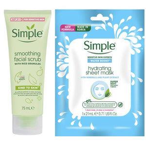 Simple Kind to Skin Smoothing Facial Scrub & Water Boost Hydrating Sheet Mask Bundle